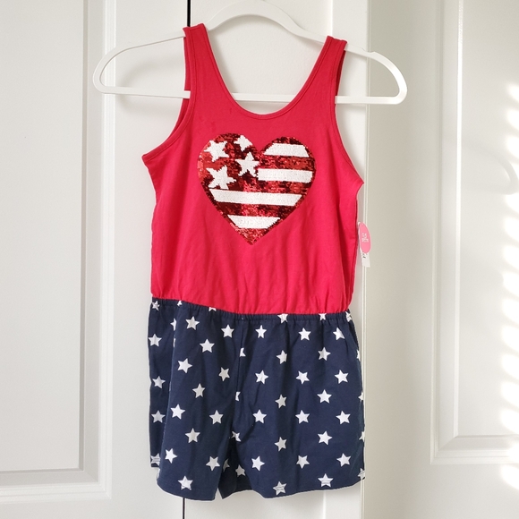THE CHILDREN’S PLACE Red White Blue Sequined Flag Short Jumpsuit Girls 7/8 M - Picture 2 of 9